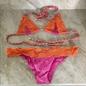 BEACH BUNNY SWIM BIKINI! Top: SMALL Bottom: MEDIUM! Orange Lace & Pink Bikini!
